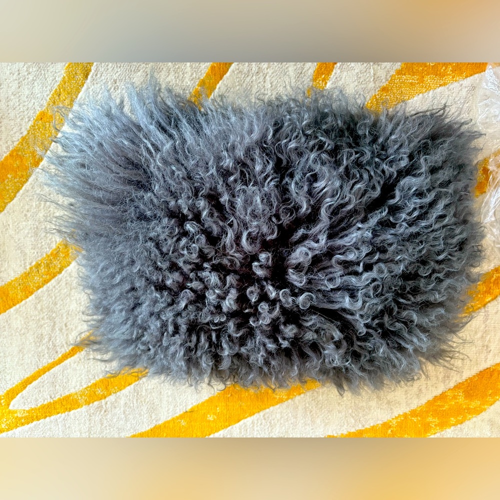 Dark Gray Mongolian Lamb Fur Accent Lumbar Throw Pillow 13”L 10”W